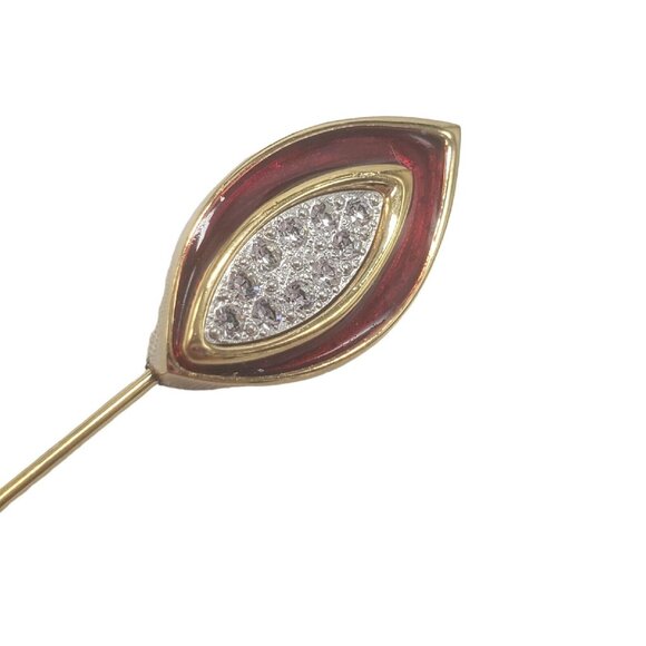 Vtg Monet Quatrefoil Stick Lapel Pin Brooch 4" Red Enamel Gold Tone Rhinestone - Picture 4 of 8